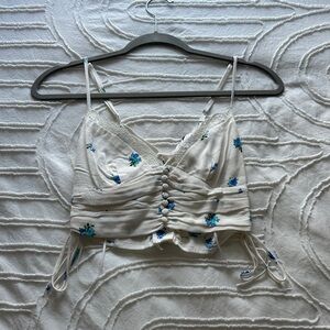 Elegant Cream Floral Crop Top with Lace Trim